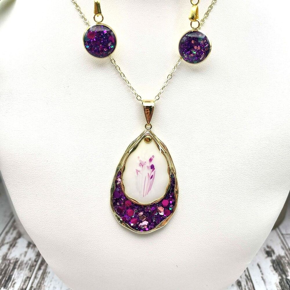 Handmade Purple Floral Resin Necklace & Earring Set | Gold Teardrop Pendant